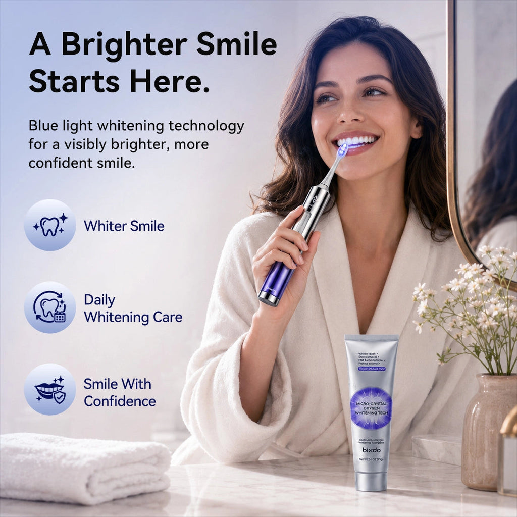 Woman brushing with the Bixdo W60 blue light toothbrush