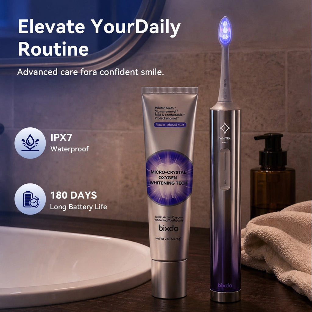 Bixdo W60 toothbrush with whitening paste in a bathroom