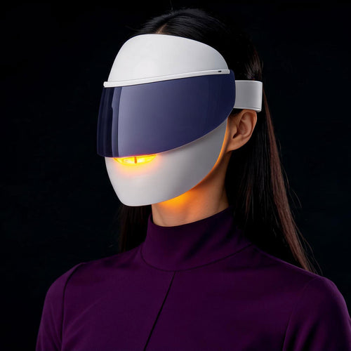 Person wearing Bixdo WL100 Whitening LED Mask with glowing elements on a black background